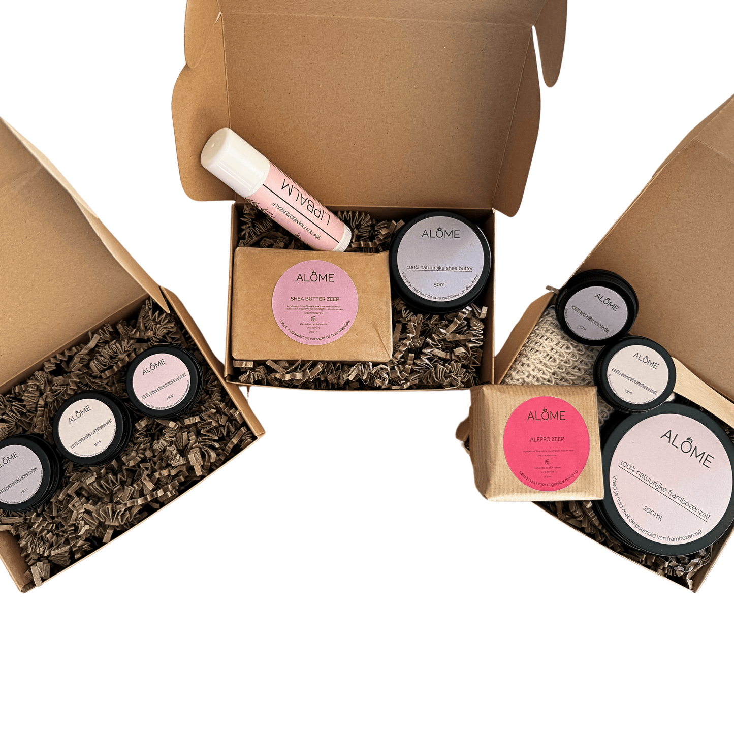 Drie giftboxen met huidverzorgingsproducten