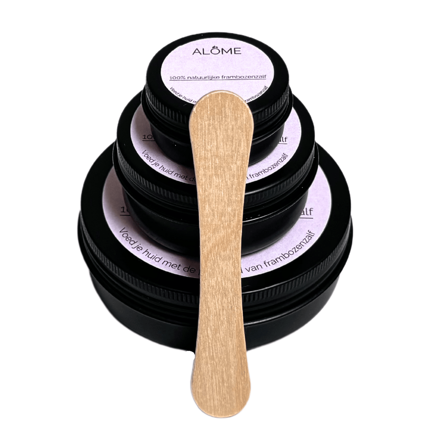 Crème spatel hout 9,3 cm lang. Drie verschillende hoeveelheden frambozenzalf.
