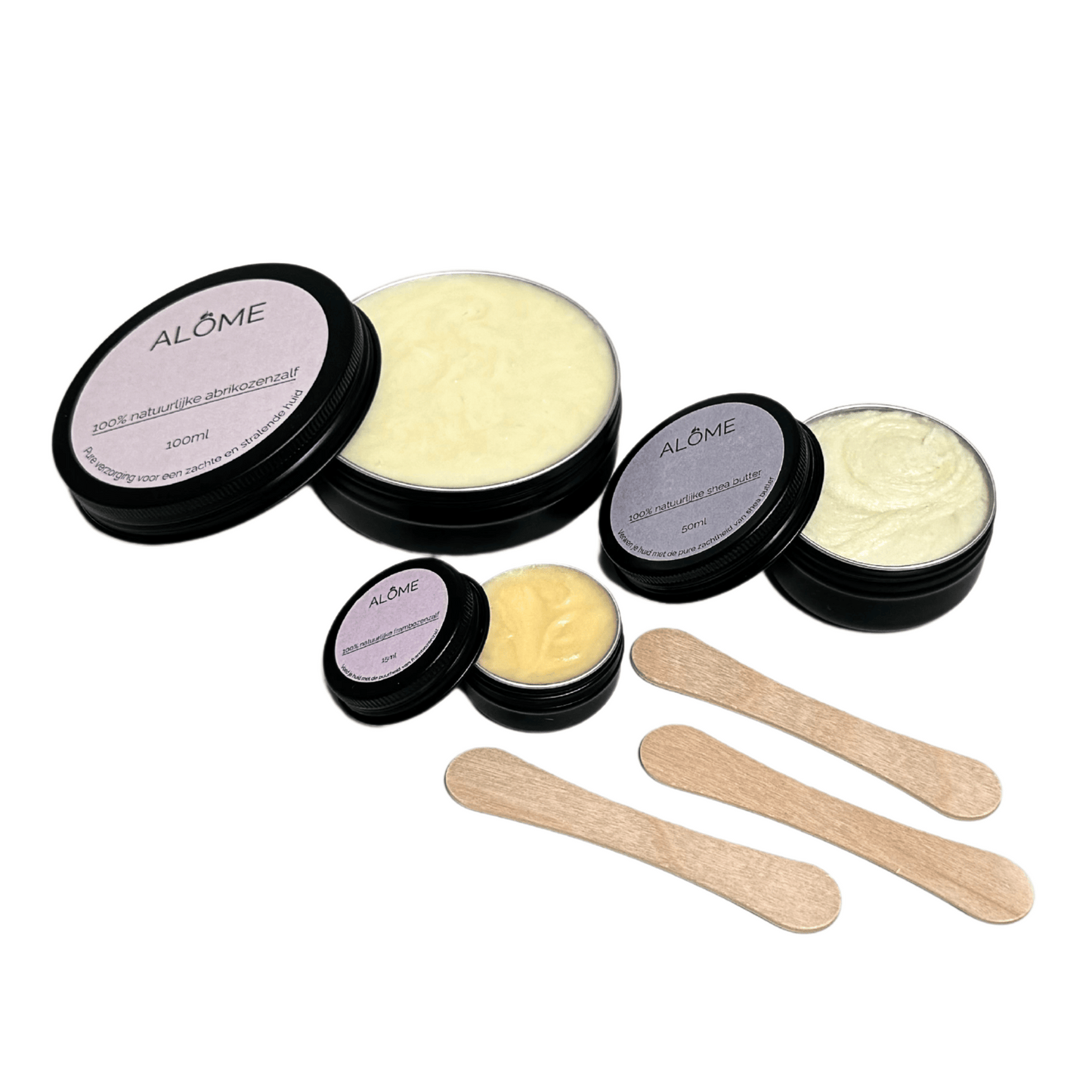 Drie crème spatels, voor zalf, butter en haarmaskers. Abrikozenzalf 100ml, shea butter, 50ml, frambozenzalf 15ml