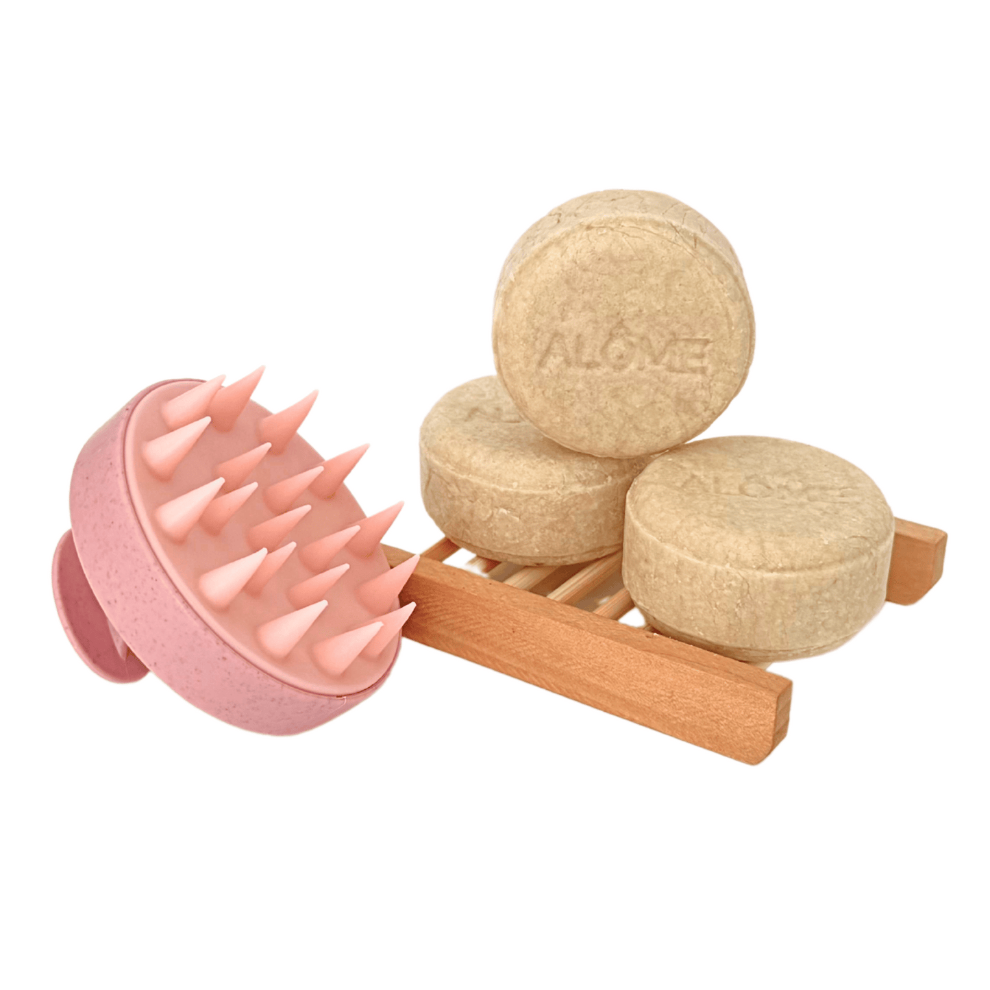 Droog haar shampoo bars op zeepschaaltje met scalp massage brush