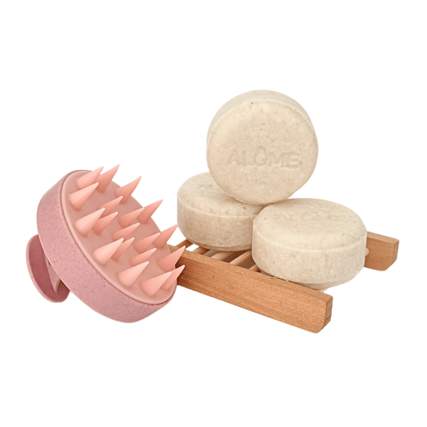 Gevoelige hoofdhuid shampoo bar op zeepschaaltje met roze massage borstel
