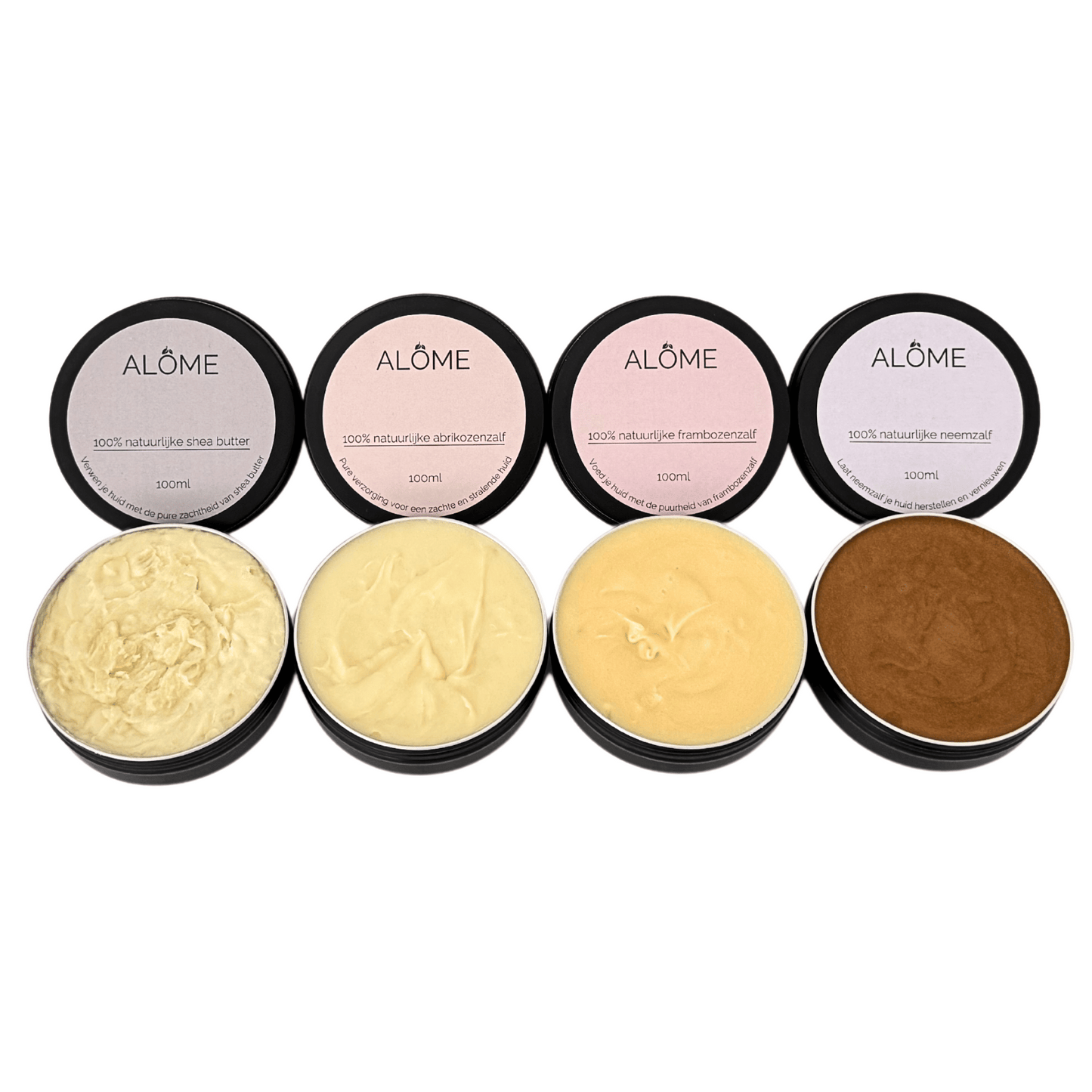 100 ml mega pack shea butter, abrikozenzalf, frambozenzalf en neemzalf.