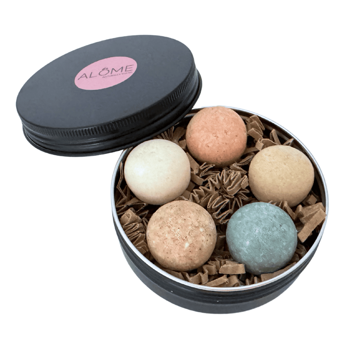 5 mini shampoo bars in zwart blikje