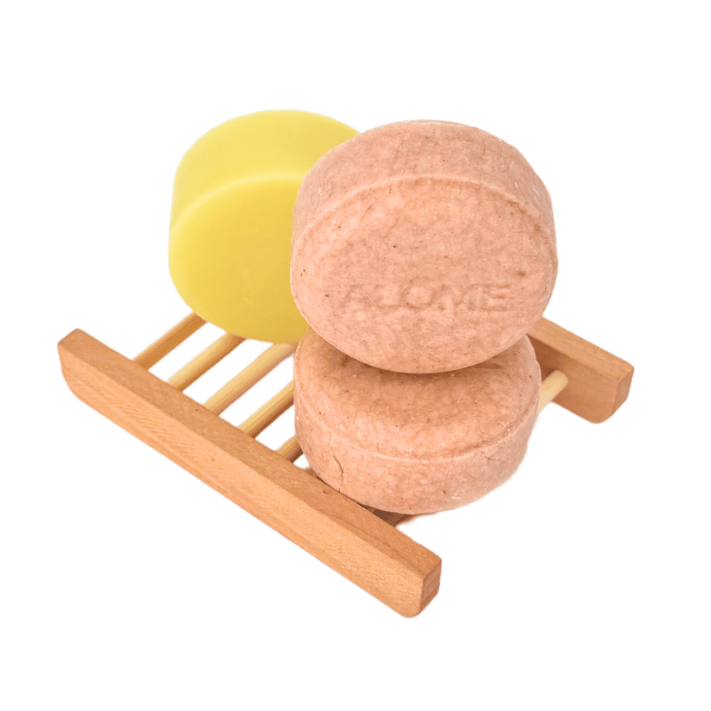 Normaal haar shampoo bar en conditioner op bamboe zeepbakje
