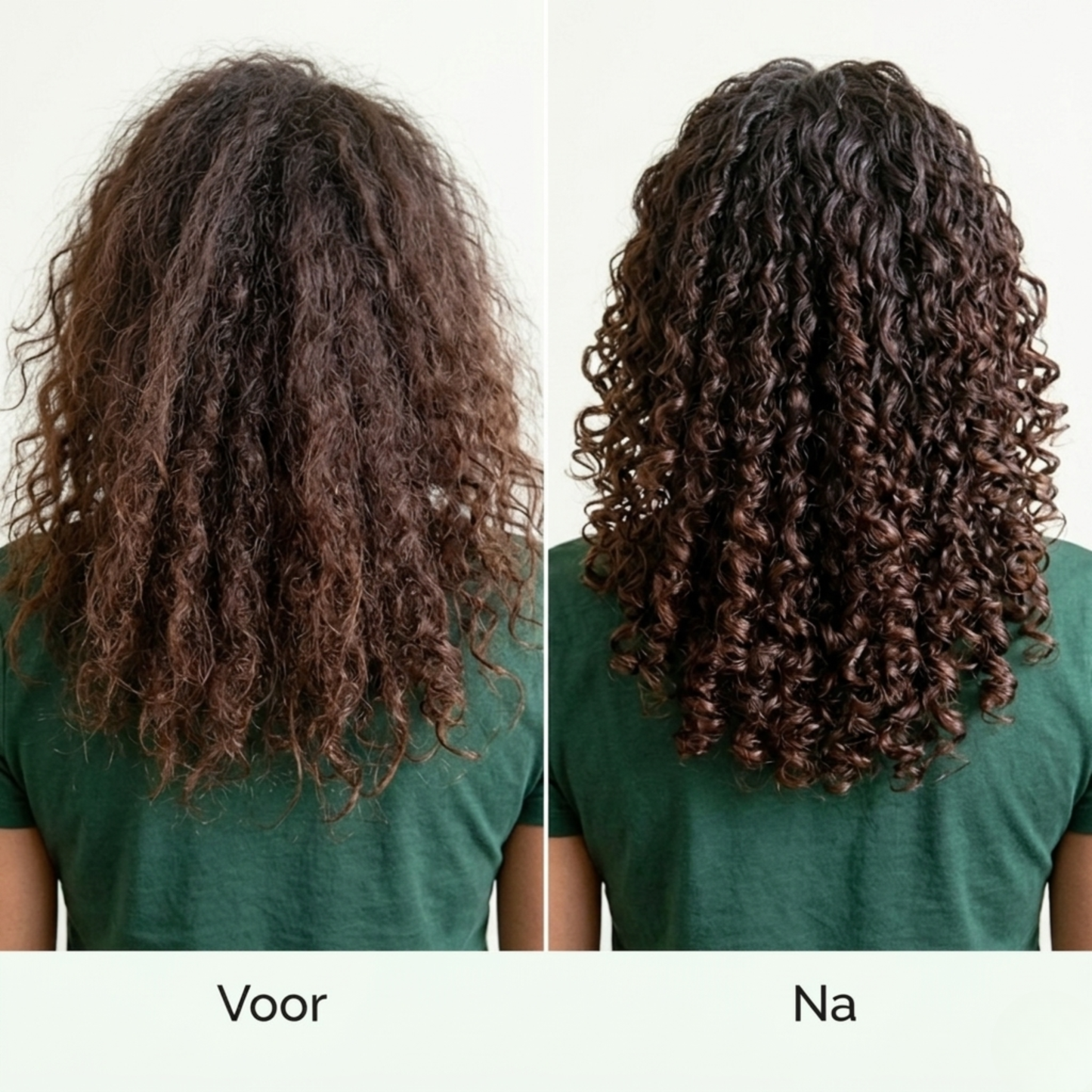 Voor en na droog krullend haar shampoo bar
