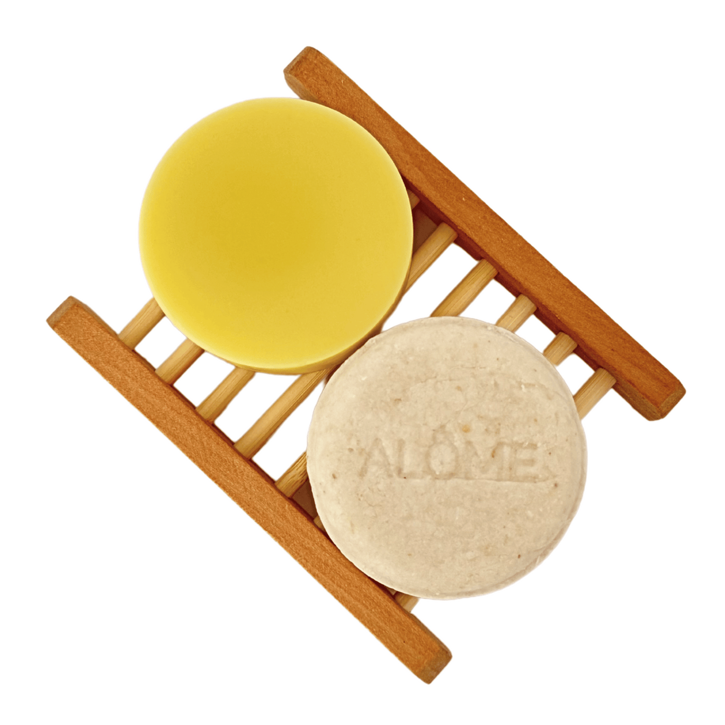 Houten zeepschaaltje met shampoo bar en conditioner bar