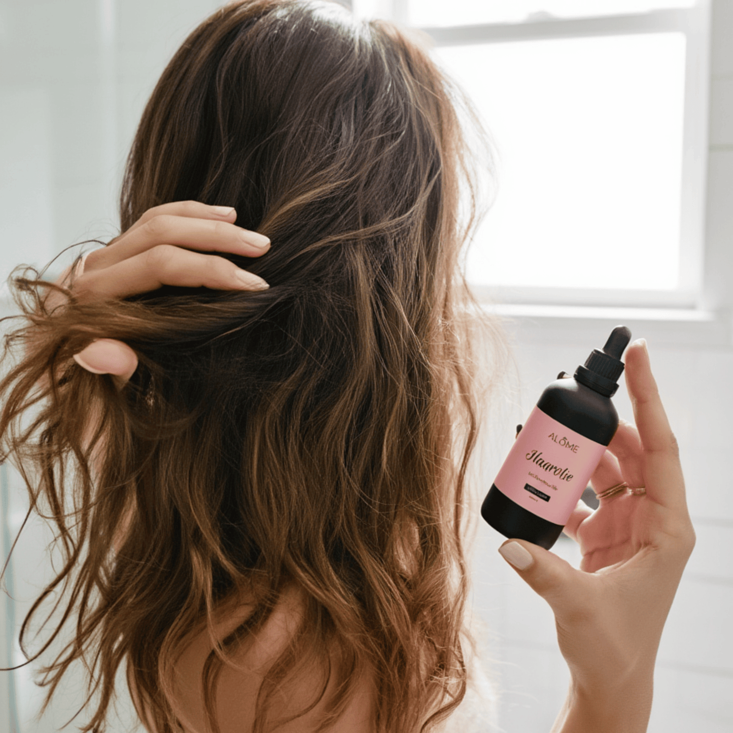 Flesje haarolie in hand en andere hand in haren