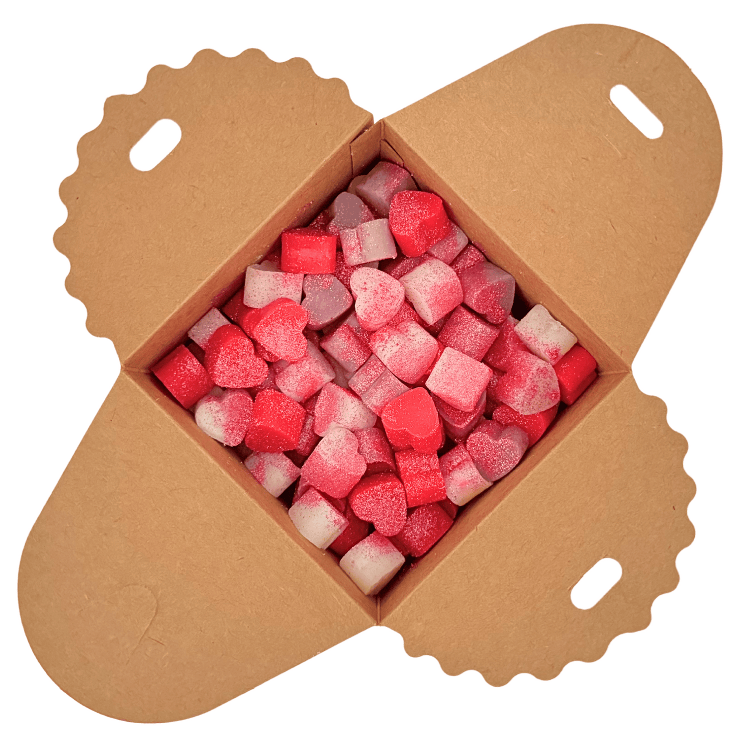 Kraftpapieren doosje gevuld met hartjes waxmelts crème, paars en rood. Met glitters. 