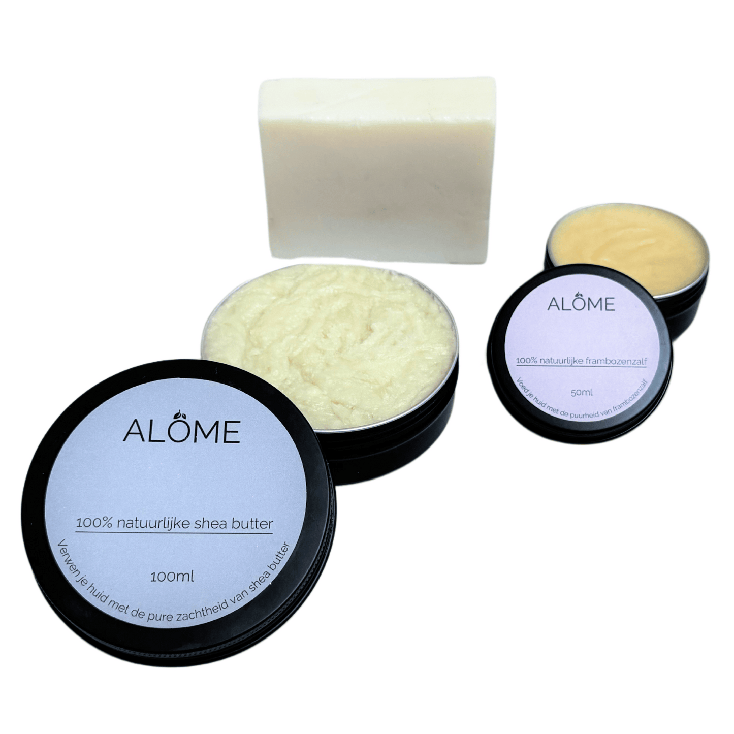 Alôme essentials shea butter 100ml, frambozenzalf 50ml, zeep 