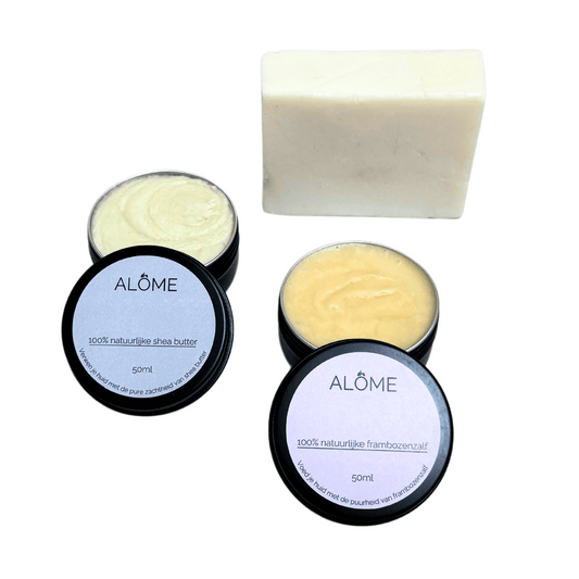 Alôme joyful shea butter 50ml, frambozenzalf 50ml, zeep