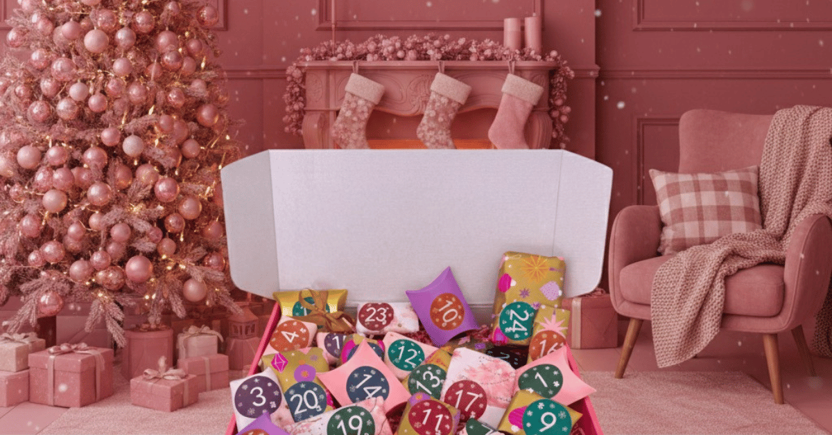 Sfeervolle roze kerstboom, cadeautjes, openhaar, stoel met deken en kussen, advententskalender met 24 cadeaus. 