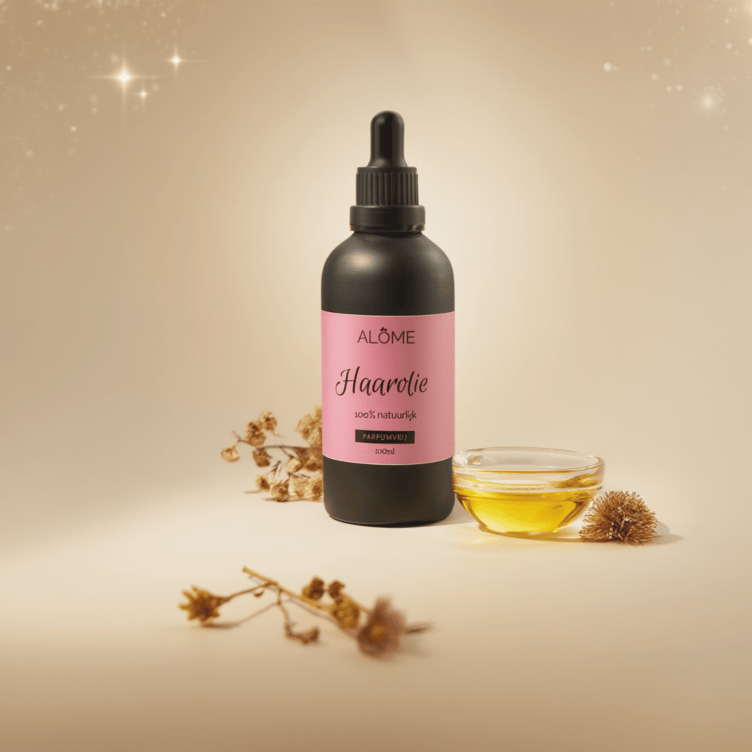 Haarolie in zwart pipetflesje en glazen schaaltje