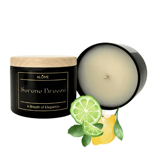 Geurkaars Serene Breeze open verpakking met bergamot
