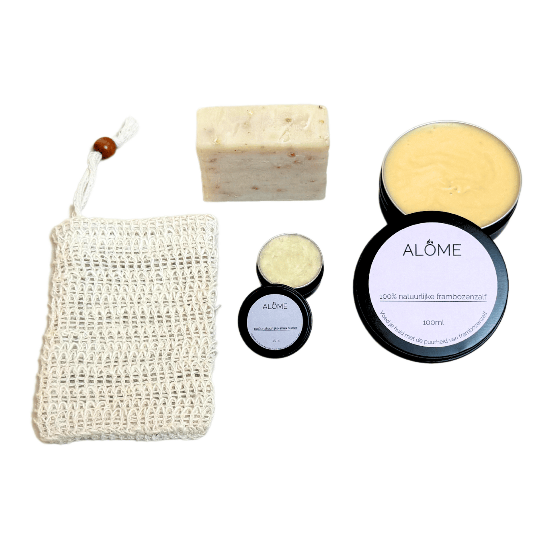 Alôme sparkling frambozenzalf 100ml, shea butter 15ml, scrubzeep, zeepzakje