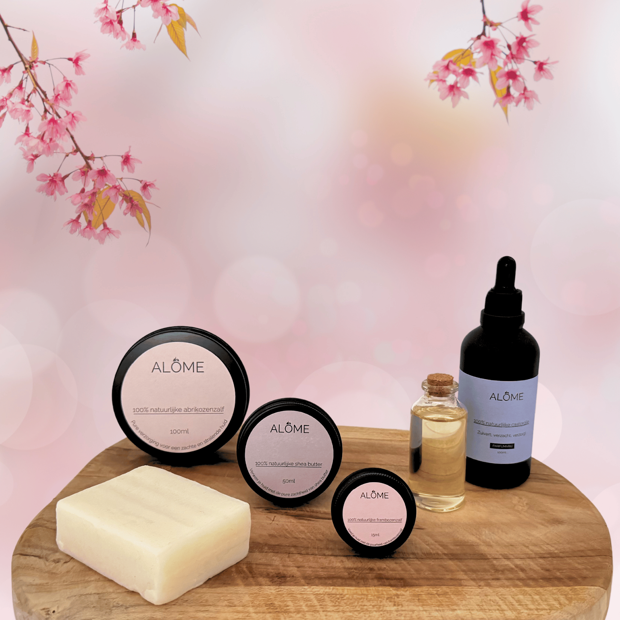 Verzorgingsproducten abrikozenzalf, shea butter, frambozenzalf, shea butter zeep, castorolie