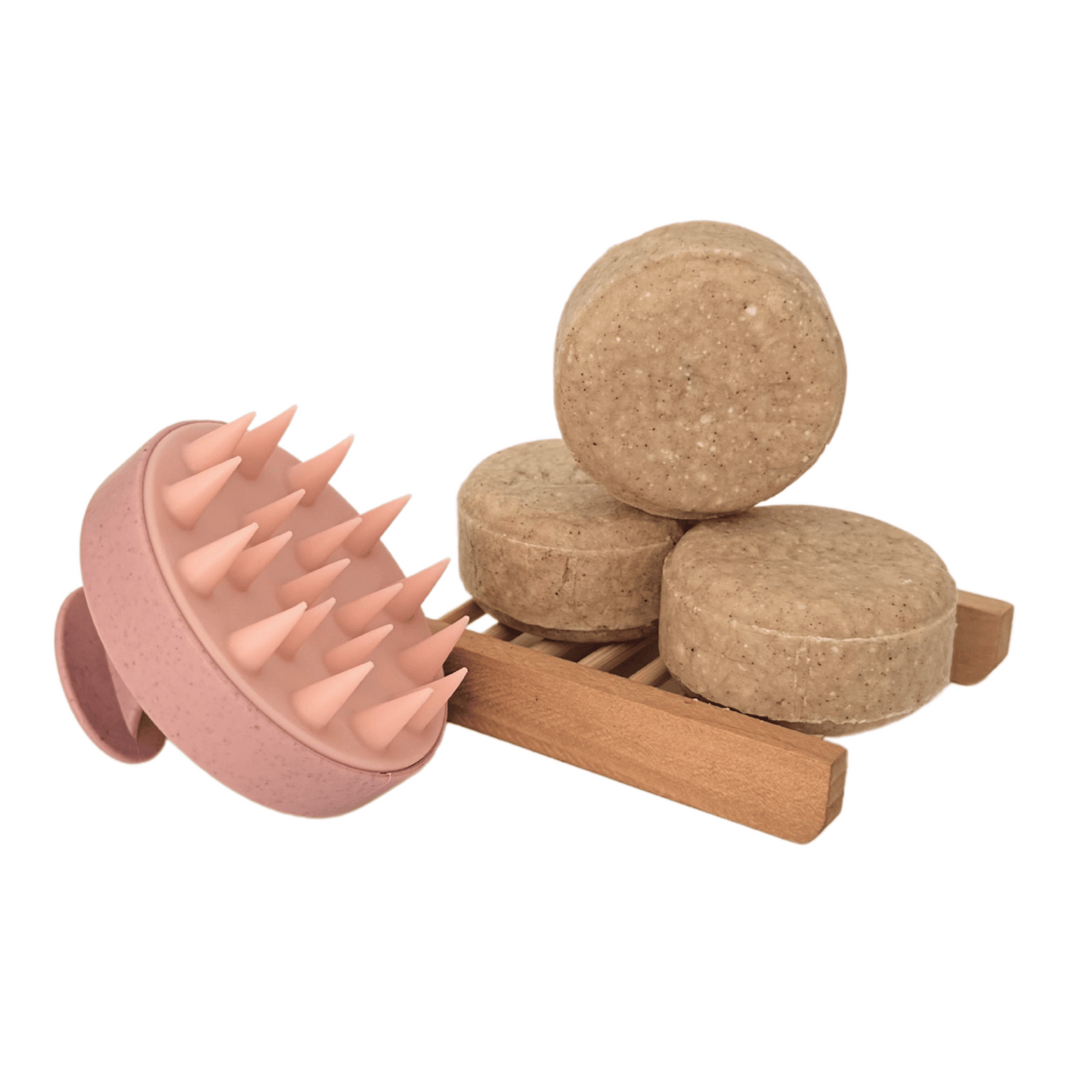 Vet haar shampoo bars op houten zeepschaaltje met massage borstel