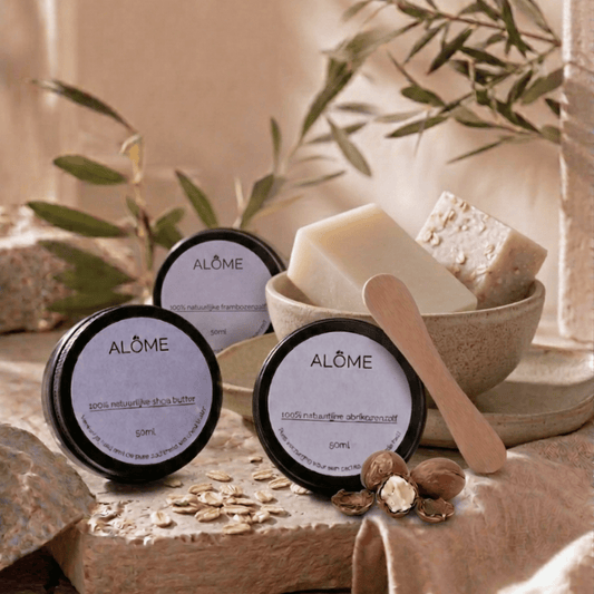 Winterhuid verzoring met shea butter zeep, aloe vera scrubzeep, abrikozencrème, frambozencrème, shea butter, crème spatel. 