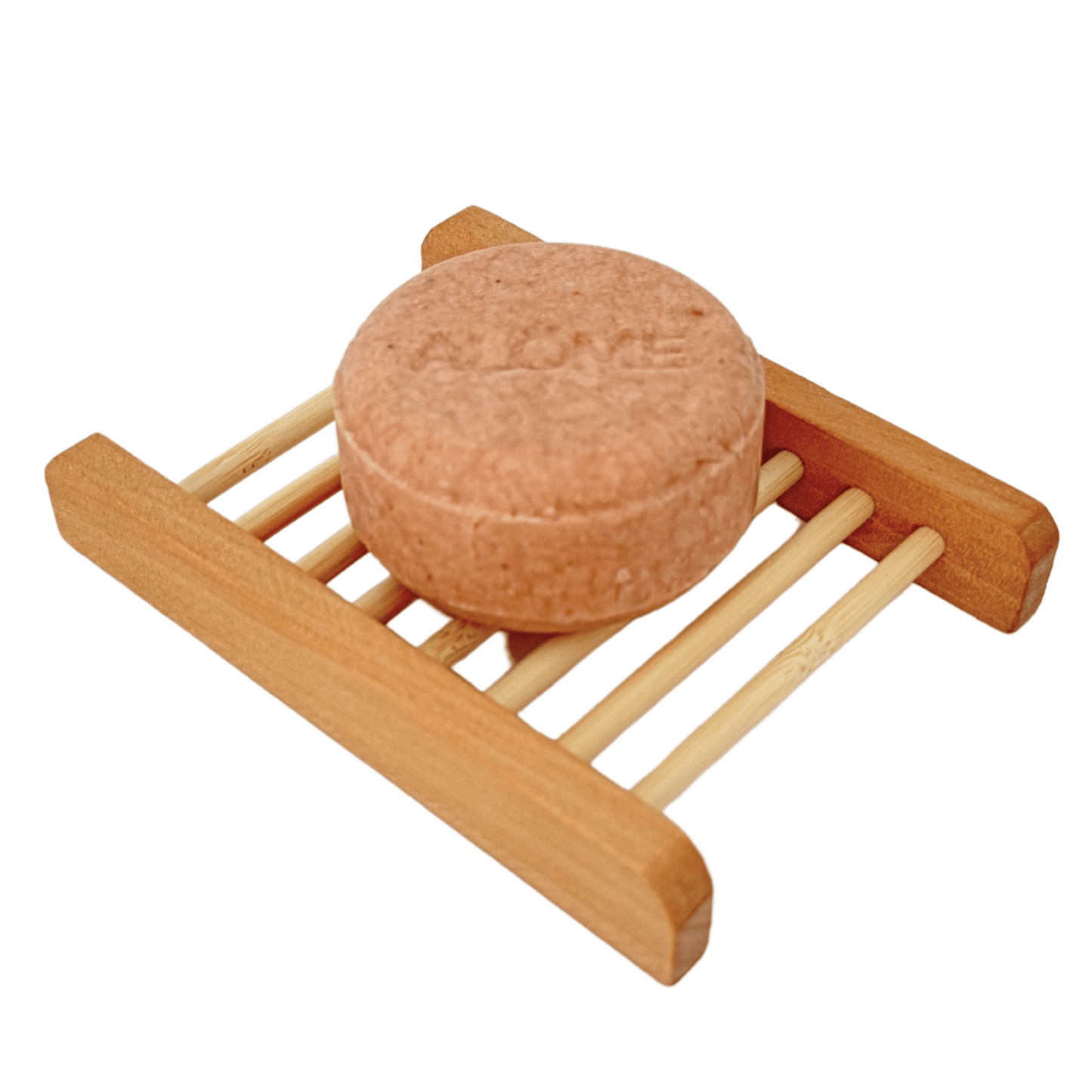 Bamboe zeepbakje met roze shampoo bar